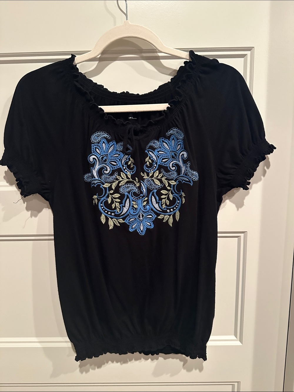 croft & barrow Black Peasant Top with Blue Embroidery
